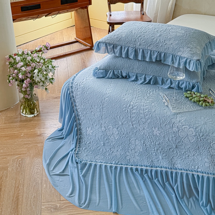 91家纺网 家纺一手货源 找家纺 赫本家纺  2026新款PE高分子单泡提花凉感复合凉席三件套 莫兰迪-蓝