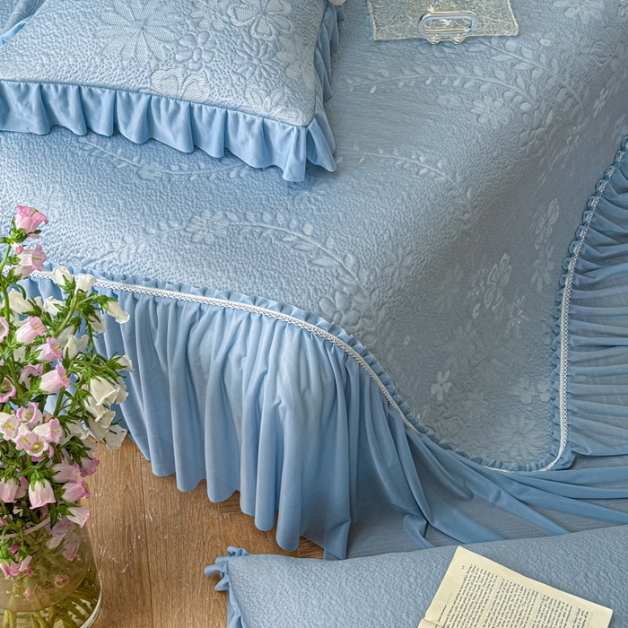 91家纺网 家纺一手货源 找家纺 赫本家纺  2026新款PE高分子单泡提花凉感复合凉席三件套 莫兰迪-蓝