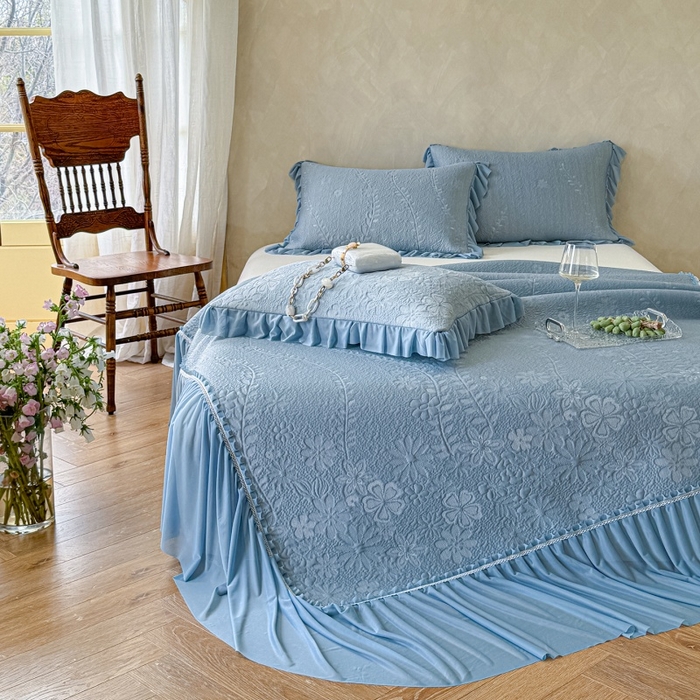 91家纺网 家纺一手货源 找家纺 赫本家纺  2026新款PE高分子单泡提花凉感复合凉席三件套 莫兰迪-蓝