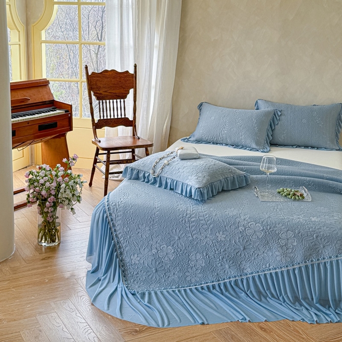91家纺网 家纺一手货源 找家纺 赫本家纺  2026新款PE高分子单泡提花凉感复合凉席三件套 莫兰迪-蓝