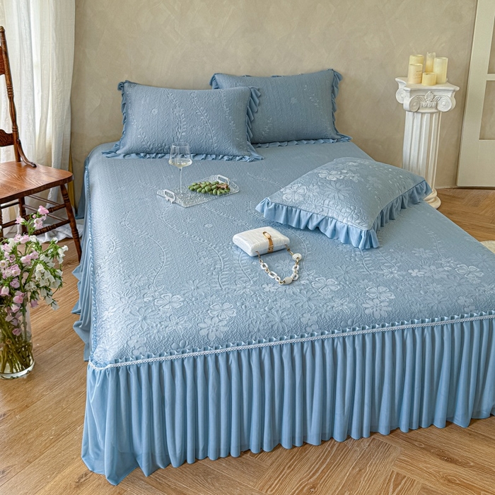 91家纺网 家纺一手货源 找家纺 赫本家纺  2026新款PE高分子单泡提花凉感复合凉席三件套 莫兰迪-蓝