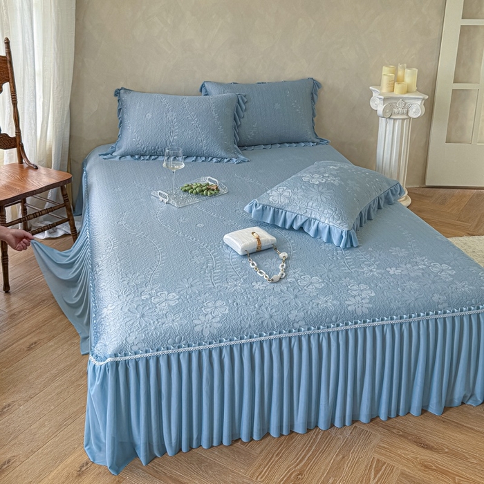 91家纺网 家纺一手货源 找家纺 赫本家纺  2026新款PE高分子单泡提花凉感复合凉席三件套 莫兰迪-蓝