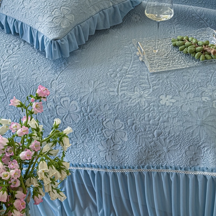 91家纺网 家纺一手货源 找家纺 赫本家纺  2026新款PE高分子单泡提花凉感复合凉席三件套 莫兰迪-蓝