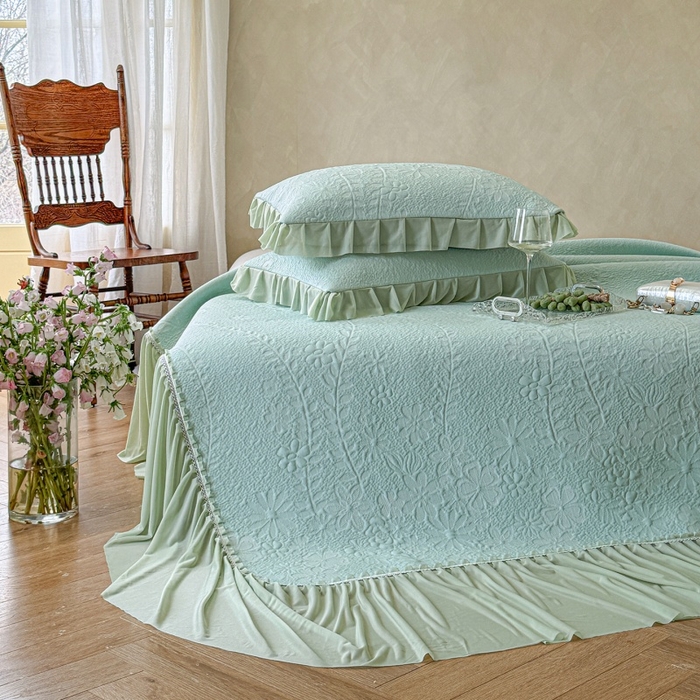 91家纺网 家纺一手货源 找家纺 赫本家纺  2026新款PE高分子单泡提花凉感复合凉席三件套 莫兰迪-绿