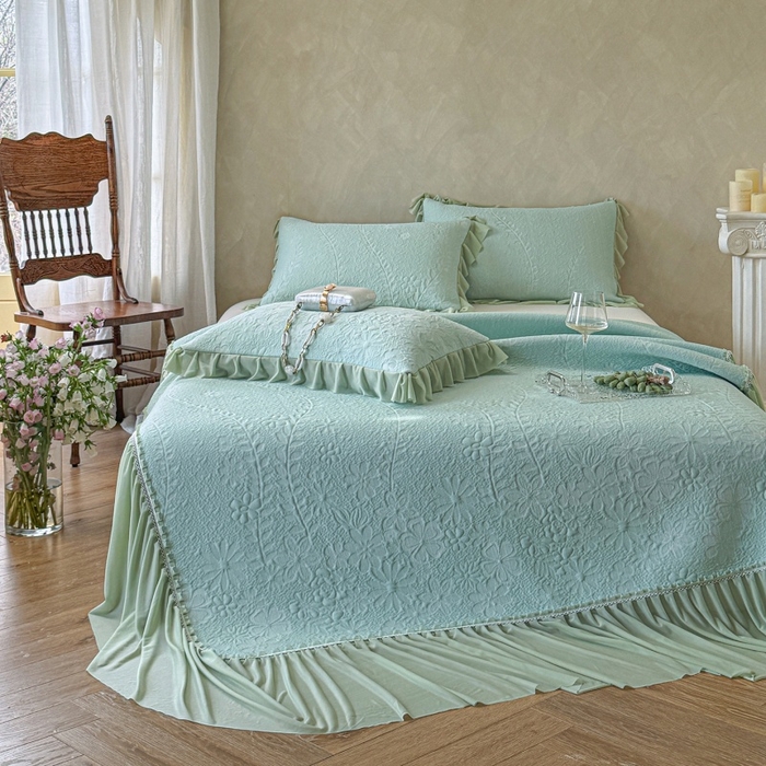 91家纺网 家纺一手货源 找家纺 赫本家纺  2026新款PE高分子单泡提花凉感复合凉席三件套 莫兰迪-绿