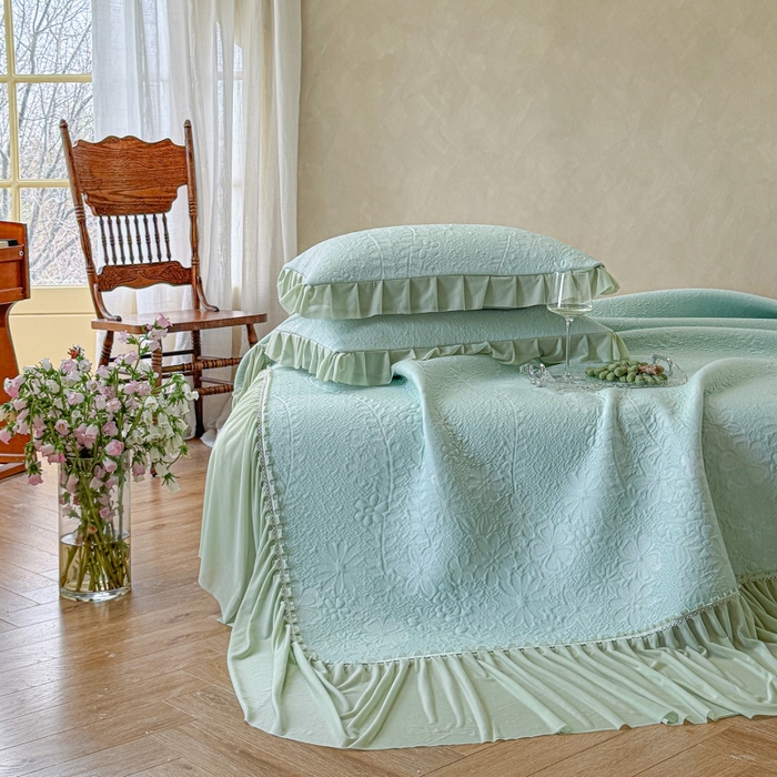 91家纺网 家纺一手货源 找家纺 赫本家纺  2026新款PE高分子单泡提花凉感复合凉席三件套 莫兰迪-绿