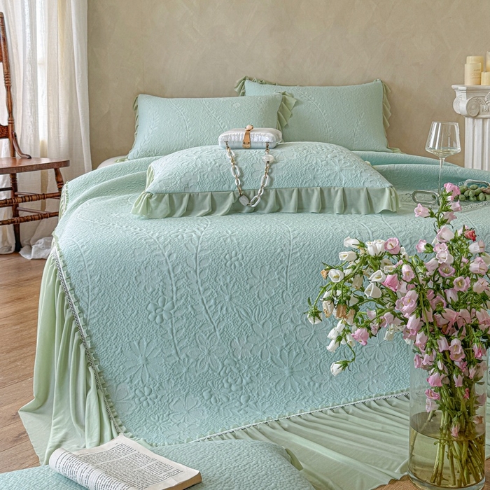 91家纺网 家纺一手货源 找家纺 赫本家纺  2026新款PE高分子单泡提花凉感复合凉席三件套 莫兰迪-绿