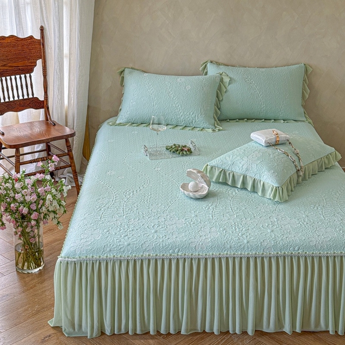 91家纺网 家纺一手货源 找家纺 赫本家纺  2026新款PE高分子单泡提花凉感复合凉席三件套 莫兰迪-绿