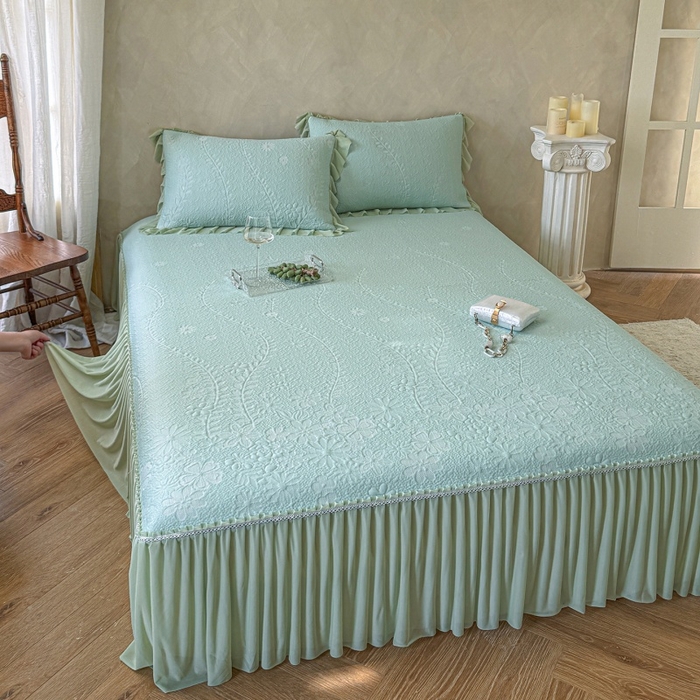 91家纺网 家纺一手货源 找家纺 赫本家纺  2026新款PE高分子单泡提花凉感复合凉席三件套 莫兰迪-绿