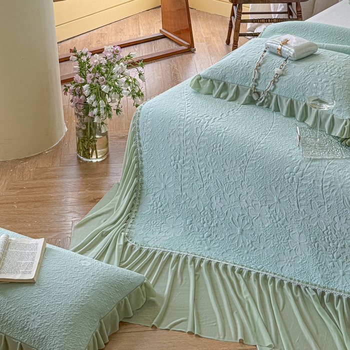 91家纺网 家纺一手货源 找家纺 赫本家纺  2026新款PE高分子单泡提花凉感复合凉席三件套 莫兰迪-绿