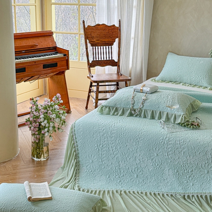 91家纺网 家纺一手货源 找家纺 赫本家纺  2026新款PE高分子单泡提花凉感复合凉席三件套 莫兰迪-绿