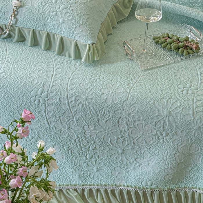 91家纺网 家纺一手货源 找家纺 赫本家纺  2026新款PE高分子单泡提花凉感复合凉席三件套 莫兰迪-绿