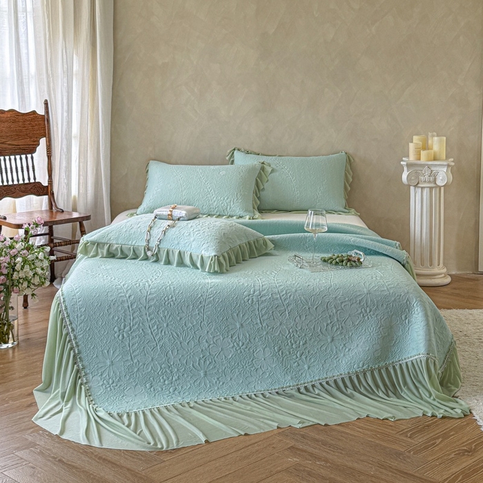 91家纺网 家纺一手货源 找家纺 赫本家纺  2026新款PE高分子单泡提花凉感复合凉席三件套 莫兰迪-绿