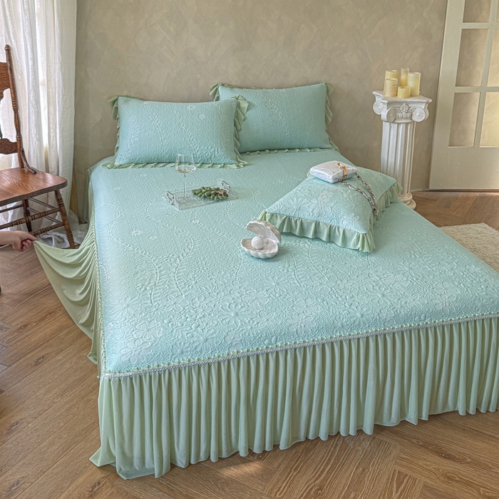 91家纺网 家纺一手货源 找家纺 赫本家纺  2026新款PE高分子单泡提花凉感复合凉席三件套 莫兰迪-绿