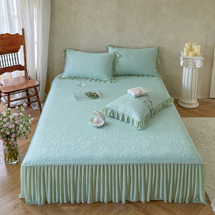 91家纺网 家纺一手货源 找家纺 赫本家纺  2026新款PE高分子单泡提花凉感复合凉席三件套 莫兰迪-绿