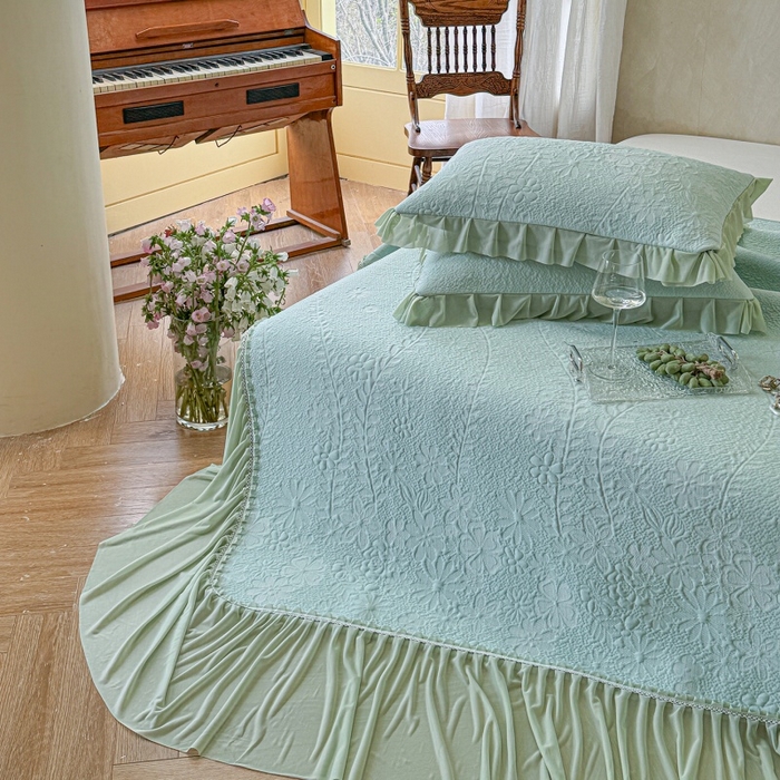 91家纺网 家纺一手货源 找家纺 赫本家纺  2026新款PE高分子单泡提花凉感复合凉席三件套 莫兰迪-绿