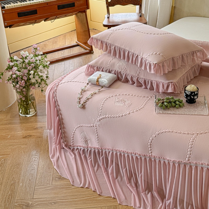 91家纺网 家纺一手货源 找家纺 赫本家纺  2026新款PE高分子单泡提花凉感复合凉席三件套 青屿晚风-粉（三明治复合）