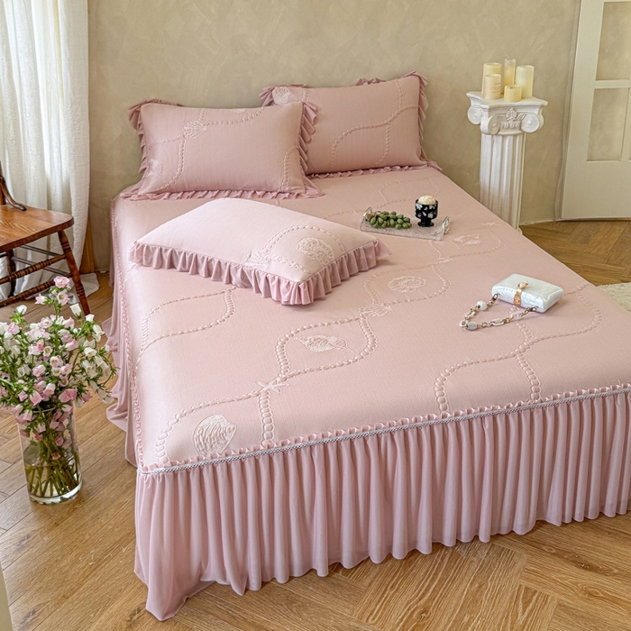 91家纺网 家纺一手货源 找家纺 赫本家纺  2026新款PE高分子单泡提花凉感复合凉席三件套 青屿晚风-粉（三明治复合）