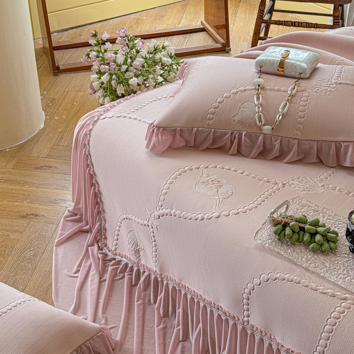 91家纺网 家纺一手货源 找家纺 赫本家纺  2026新款PE高分子单泡提花凉感复合凉席三件套 青屿晚风-粉（三明治复合）