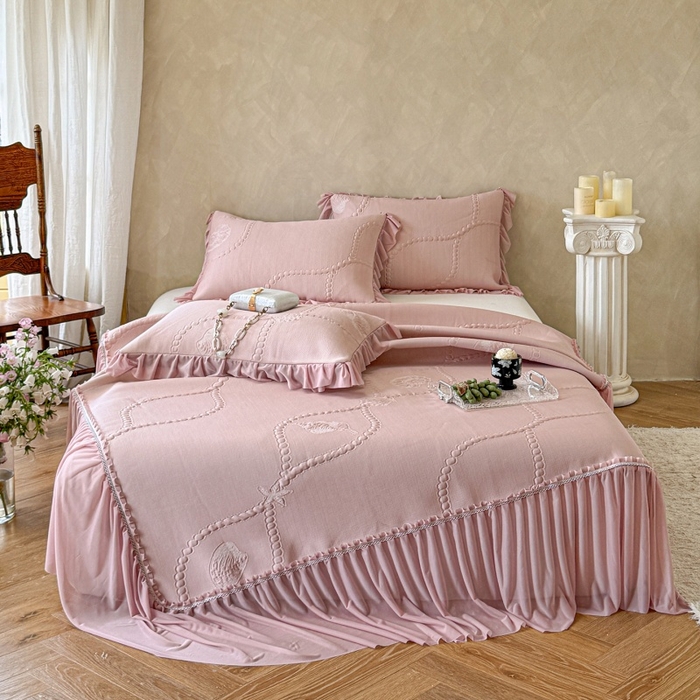 91家纺网 家纺一手货源 找家纺 赫本家纺  2026新款PE高分子单泡提花凉感复合凉席三件套 青屿晚风-粉（三明治复合）