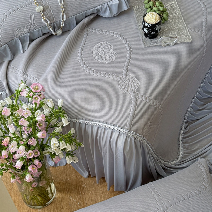 91家纺网 家纺一手货源 找家纺 赫本家纺  2026新款PE高分子单泡提花凉感复合凉席三件套 青屿晚风-灰（三明治复合）