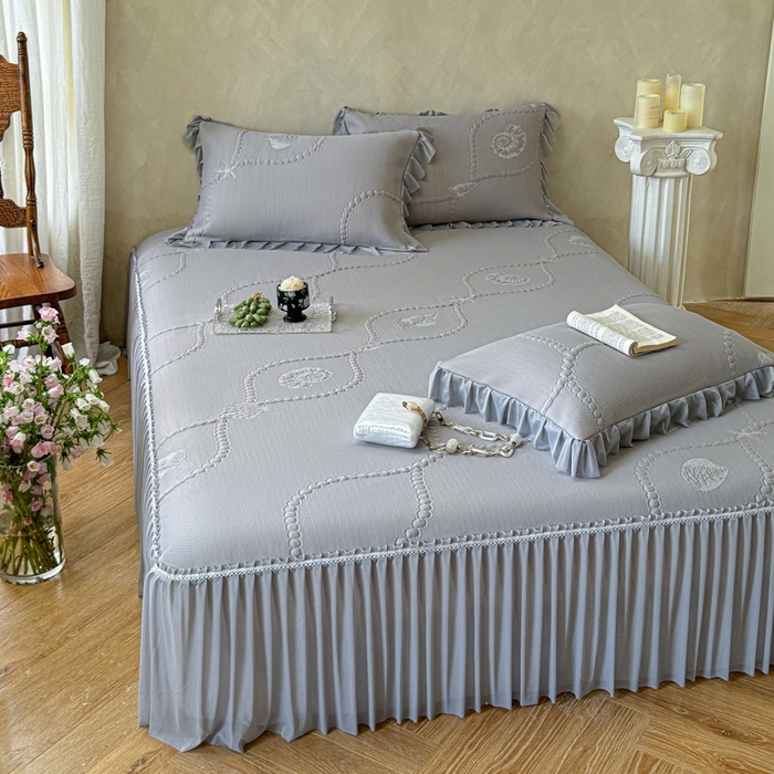 91家纺网 家纺一手货源 找家纺 赫本家纺  2026新款PE高分子单泡提花凉感复合凉席三件套 青屿晚风-灰（三明治复合）