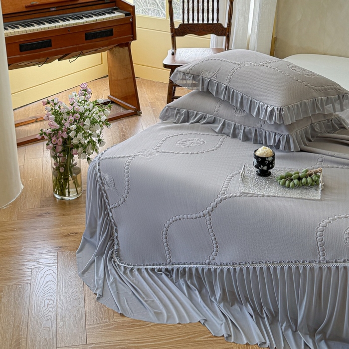 91家纺网 家纺一手货源 找家纺 赫本家纺  2026新款PE高分子单泡提花凉感复合凉席三件套 青屿晚风-灰（三明治复合）