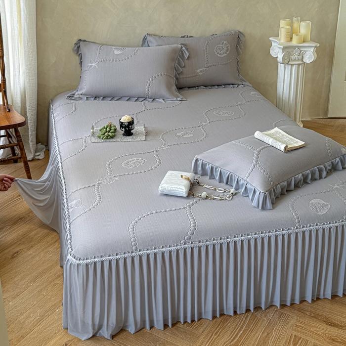 91家纺网 家纺一手货源 找家纺 赫本家纺  2026新款PE高分子单泡提花凉感复合凉席三件套 青屿晚风-灰（三明治复合）