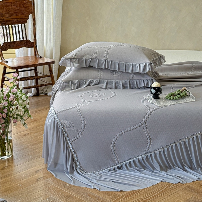 91家纺网 家纺一手货源 找家纺 赫本家纺  2026新款PE高分子单泡提花凉感复合凉席三件套 青屿晚风-灰（三明治复合）