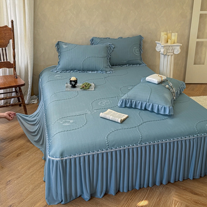 91家纺网 家纺一手货源 找家纺 赫本家纺  2026新款PE高分子单泡提花凉感复合凉席三件套 青屿晚风-蓝（三明治复合）