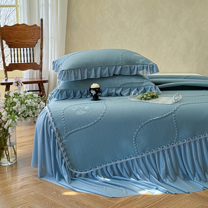 91家纺网 家纺一手货源 找家纺 赫本家纺  2026新款PE高分子单泡提花凉感复合凉席三件套 青屿晚风-蓝（三明治复合）