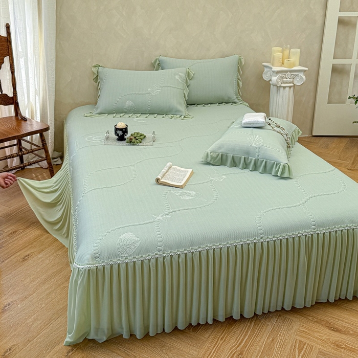 91家纺网 家纺一手货源 找家纺 赫本家纺  2026新款PE高分子单泡提花凉感复合凉席三件套 青屿晚风-绿（三明治复合）