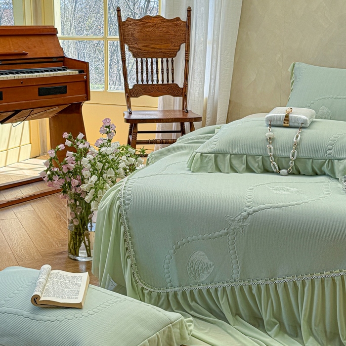 91家纺网 家纺一手货源 找家纺 赫本家纺  2026新款PE高分子单泡提花凉感复合凉席三件套 青屿晚风-绿（三明治复合）