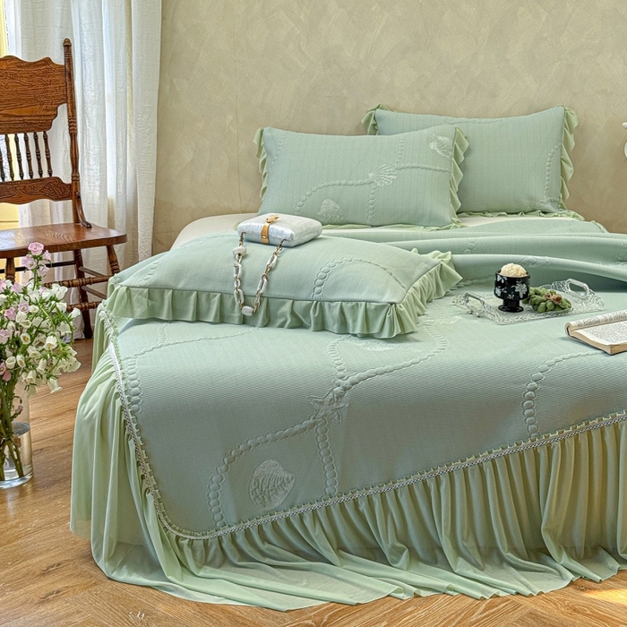 91家纺网 家纺一手货源 找家纺 赫本家纺  2026新款PE高分子单泡提花凉感复合凉席三件套 青屿晚风-绿（三明治复合）