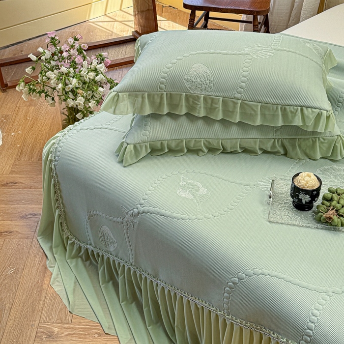 91家纺网 家纺一手货源 找家纺 赫本家纺  2026新款PE高分子单泡提花凉感复合凉席三件套 青屿晚风-绿（三明治复合）