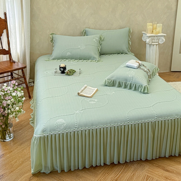 91家纺网 家纺一手货源 找家纺 赫本家纺  2026新款PE高分子单泡提花凉感复合凉席三件套 青屿晚风-绿（三明治复合）