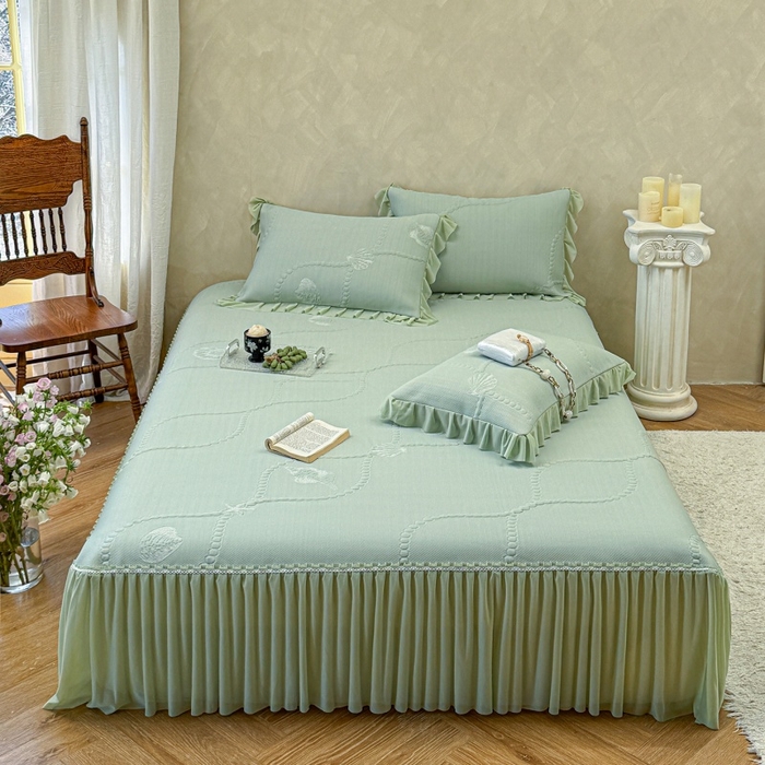 91家纺网 家纺一手货源 找家纺 赫本家纺  2026新款PE高分子单泡提花凉感复合凉席三件套 青屿晚风-绿（三明治复合）