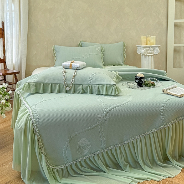 91家纺网 家纺一手货源 找家纺 赫本家纺  2026新款PE高分子单泡提花凉感复合凉席三件套 青屿晚风-绿（三明治复合）