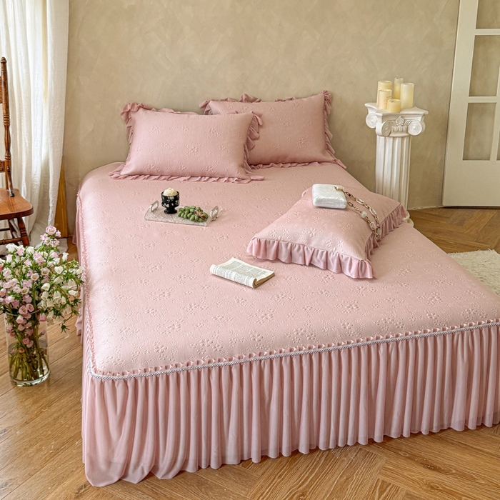 91家纺网 家纺一手货源 找家纺 赫本家纺  2026新款PE高分子单泡提花凉感复合凉席三件套 桃雾奶芙-粉（三明治复合）