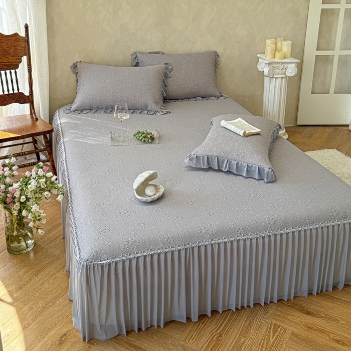 91家纺网 家纺一手货源 找家纺 赫本家纺  2026新款PE高分子单泡提花凉感复合凉席三件套 桃雾奶芙-灰（三明治复合）