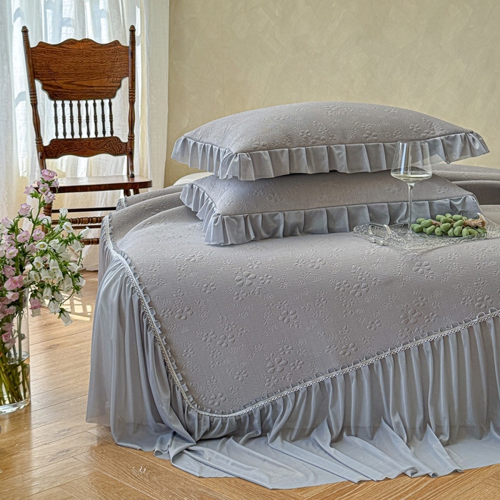 91家纺网 家纺一手货源 找家纺 赫本家纺  2026新款PE高分子单泡提花凉感复合凉席三件套 桃雾奶芙-灰（三明治复合）