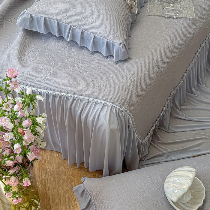 91家纺网 家纺一手货源 找家纺 赫本家纺  2026新款PE高分子单泡提花凉感复合凉席三件套 桃雾奶芙-灰（三明治复合）