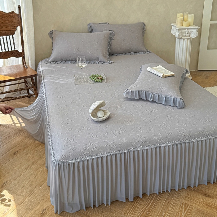 91家纺网 家纺一手货源 找家纺 赫本家纺  2026新款PE高分子单泡提花凉感复合凉席三件套 桃雾奶芙-灰（三明治复合）