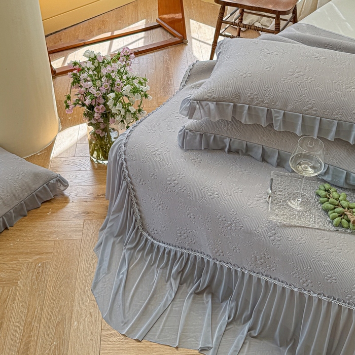 91家纺网 家纺一手货源 找家纺 赫本家纺  2026新款PE高分子单泡提花凉感复合凉席三件套 桃雾奶芙-灰（三明治复合）