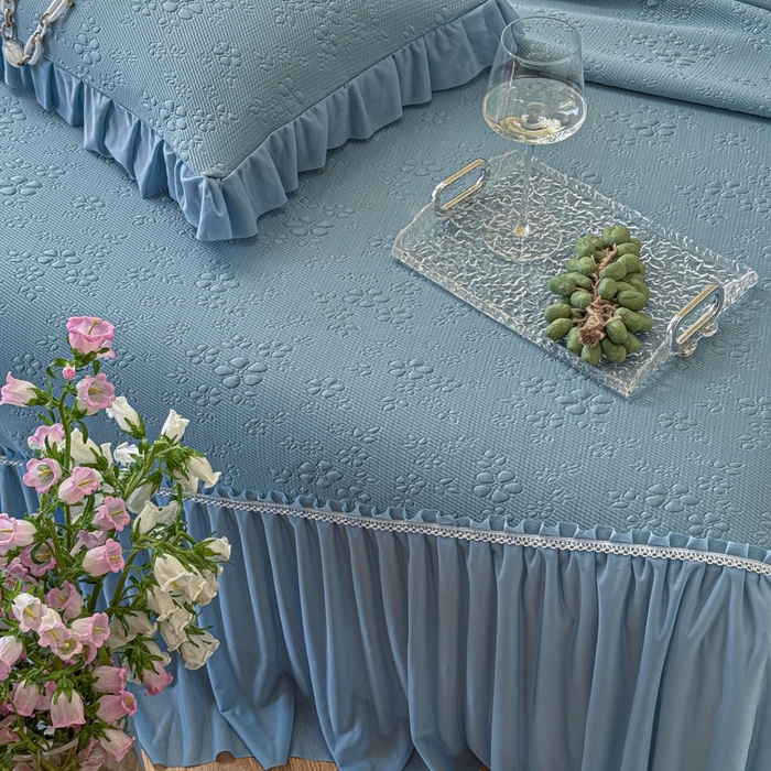 91家纺网 家纺一手货源 找家纺 赫本家纺  2026新款PE高分子单泡提花凉感复合凉席三件套 桃雾奶芙-蓝（三明治复合）