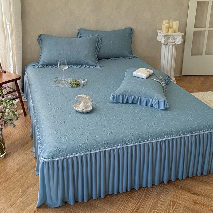 91家纺网 家纺一手货源 找家纺 赫本家纺  2026新款PE高分子单泡提花凉感复合凉席三件套 桃雾奶芙-蓝（三明治复合）