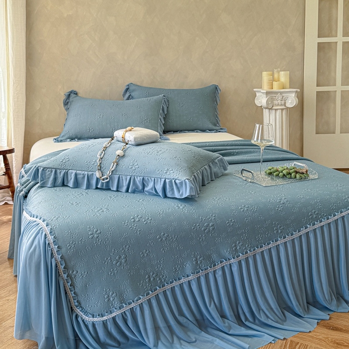 赫本家纺  2026新款PE高分子单泡提花凉感复合凉席三件套 桃雾奶芙-蓝（三明治复合）