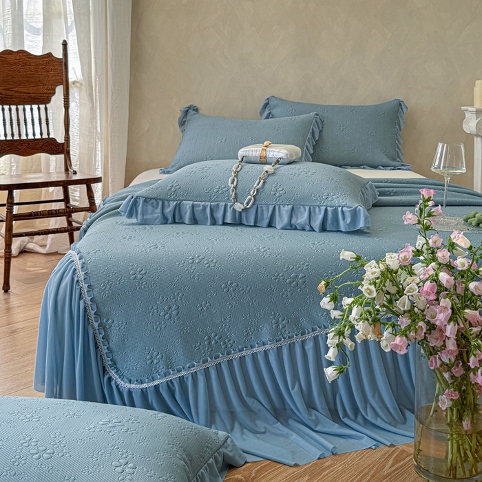 91家纺网 家纺一手货源 找家纺 赫本家纺  2026新款PE高分子单泡提花凉感复合凉席三件套 桃雾奶芙-蓝（三明治复合）