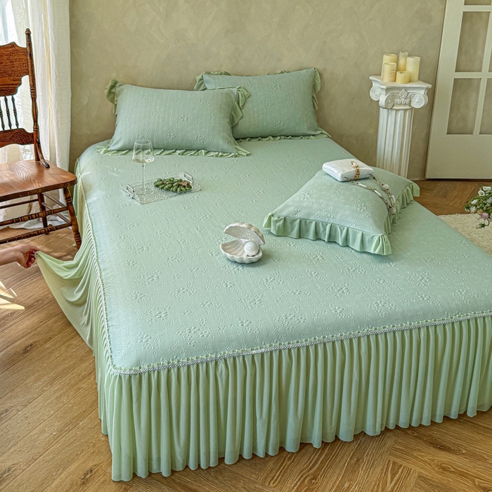 91家纺网 家纺一手货源 找家纺 赫本家纺  2026新款PE高分子单泡提花凉感复合凉席三件套 桃雾奶芙-绿（三明治复合）