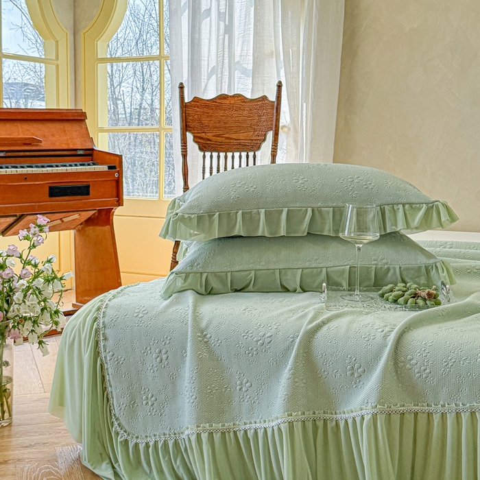 91家纺网 家纺一手货源 找家纺 赫本家纺  2026新款PE高分子单泡提花凉感复合凉席三件套 桃雾奶芙-绿（三明治复合）